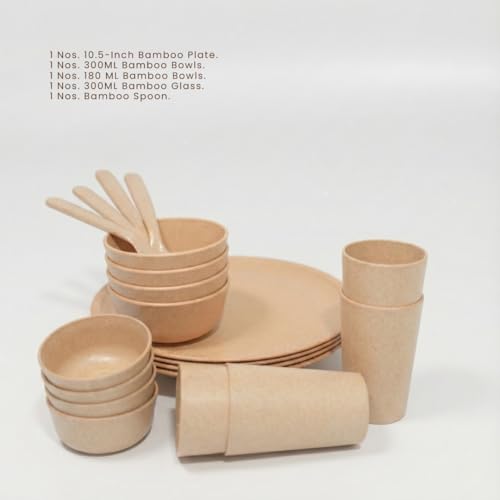 Pacing Grass Microwave Safe Dinner Set of 5 Pcs Bamboo Fiber 10.5 Inch Unbreakable Dinner Plate, Bowl (300ml), Bowl (200ml) Spoon & Water Glass (300ml) Unbreakable Dinner Sets for Gift - Image 5