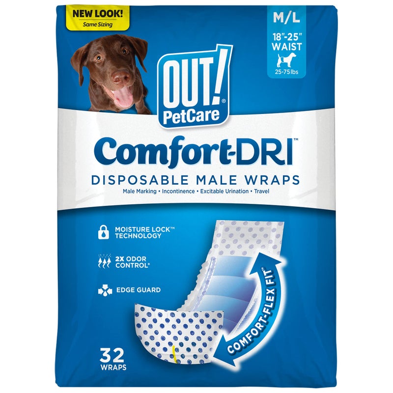 Out! PetCare Disposable Male Dog Wraps, Puppy Pee Wraps, Belly Bands for Dogs, Leak Proof, Wetness Indicator, Puppy and Doggie Diaper for Peeing, Medium/Large, 32 Count - Image 1