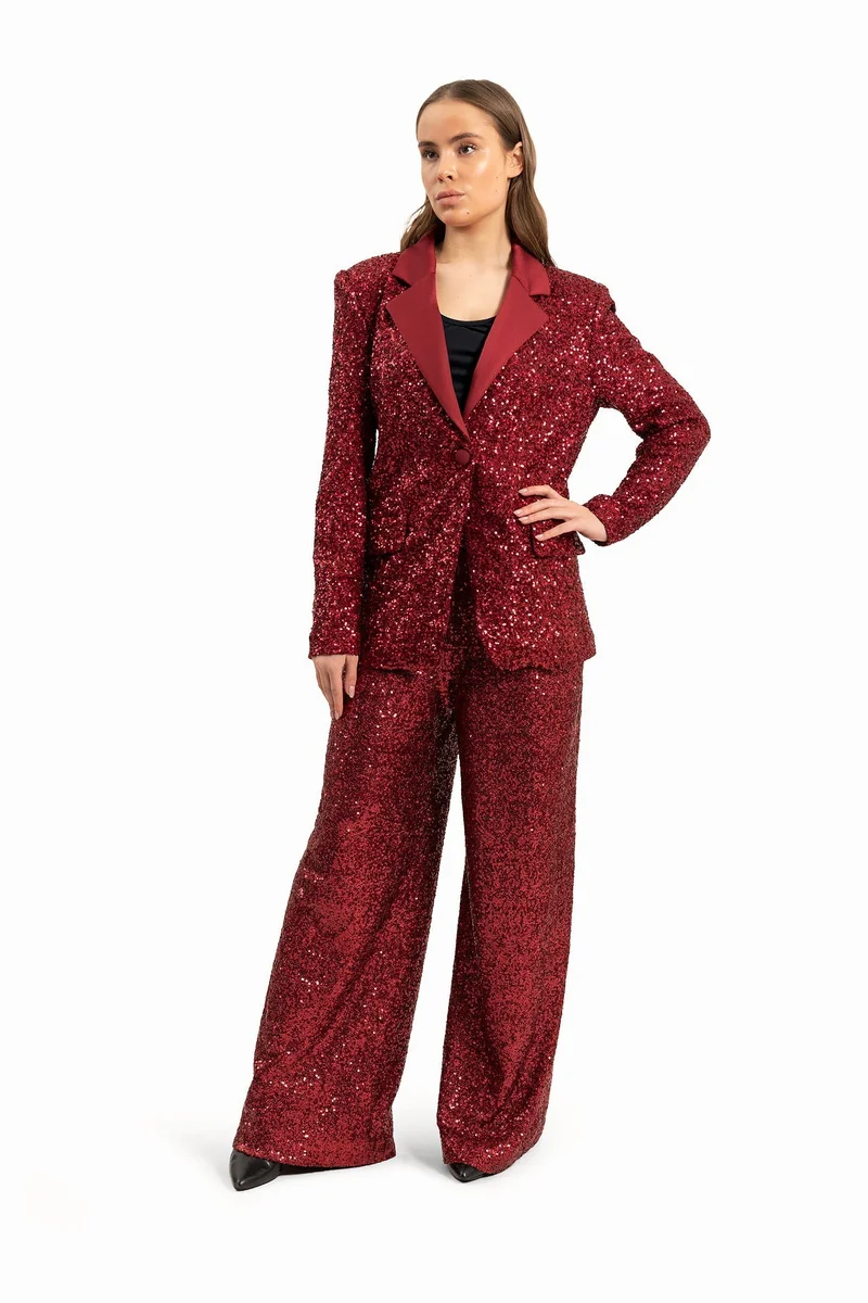 Wecre8 Women's Sequins Burgundy Set of Blazer and Trousers By WECRE8