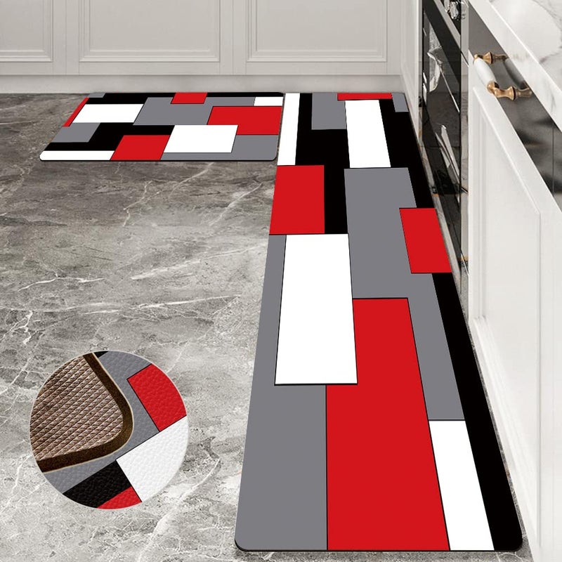 BlackWhiteRed and Grey Kitchen Rug Set 2 Piece Abstract Geometric Art Cushioned Abstract Modern Mats for Laundry Geometric Art 175x295175x47