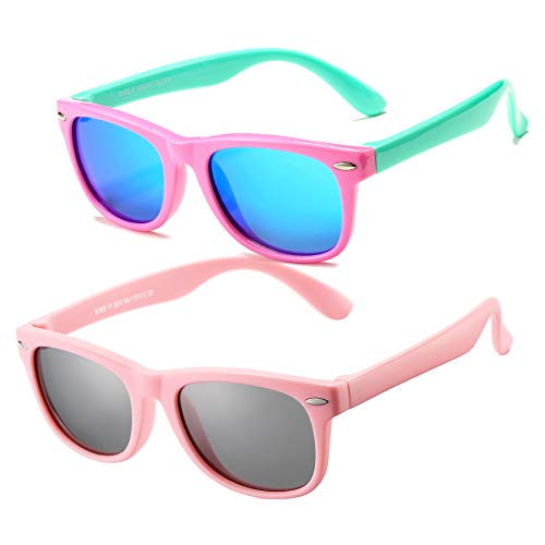 AZorb Kids Polarized Sunglasses TPEE Rubber Flexible Frame for Boys Girls Age 3-8, 100% UV Protection (Pink Green/Blue Mirror + ALL Pink/Grey) - Image 1