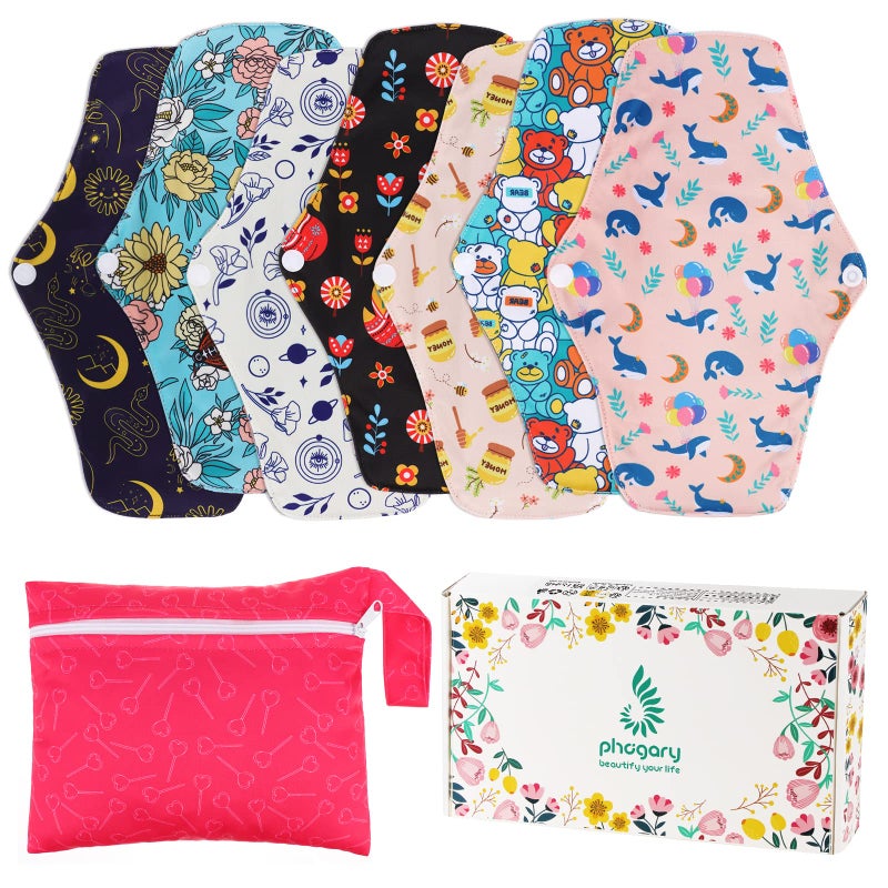 PHOGARY Reusable Menstrual Pads, Bamboo Cloth Pads for Heavy Flow with Wet Bag, Large Sanitary Pads Set with Wings for Women, Washable Overnight Cloth Panty Liners Period Pads(7 in 1, Style H) - Image 1