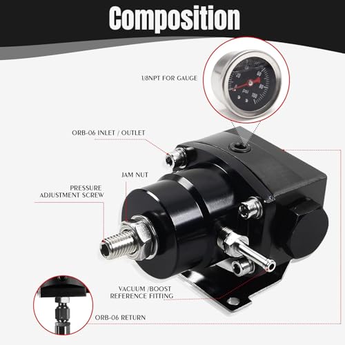 YESHMA EFI Fuel Pressure Regulator Kit 0-100psi with Gauge 6AN Fuel Line Fitting Universal Adjustable Aluminum (Black) - Image 2
