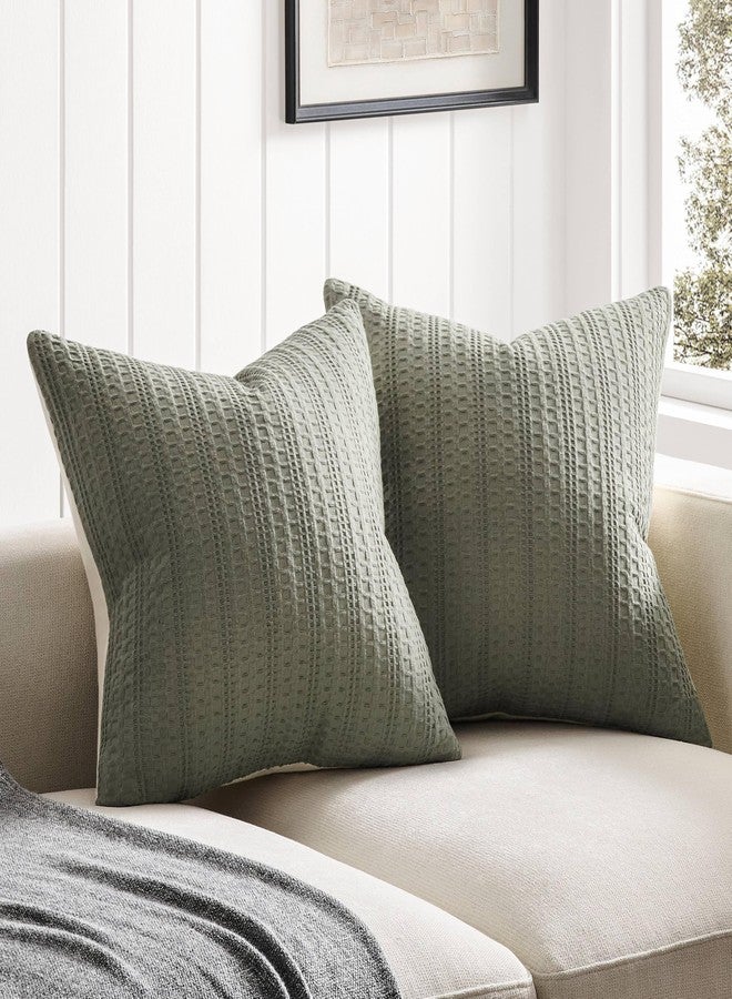 ZeeMart 100% Cotton Waffle Textured Throw Pillow Covers Set of 2, 20x20 Inch Olive, Soft Farmhouse Decorative Couch Pillow Cases Sage Green Cushion Covers for Sofa Bed Living Room Home Decor - Image 1
