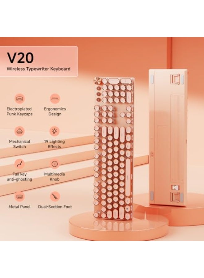 EWEADN V20 Typewriter Keyboard Wireless, 104 Keys Typewriter Style Mechanical with White Backlit, Media Knob, Pink Switch 2.4G/Bluetooth/USB-C Wired Retro Full Size Keyboard for Windows/Mac/PC-Pink - Image 2