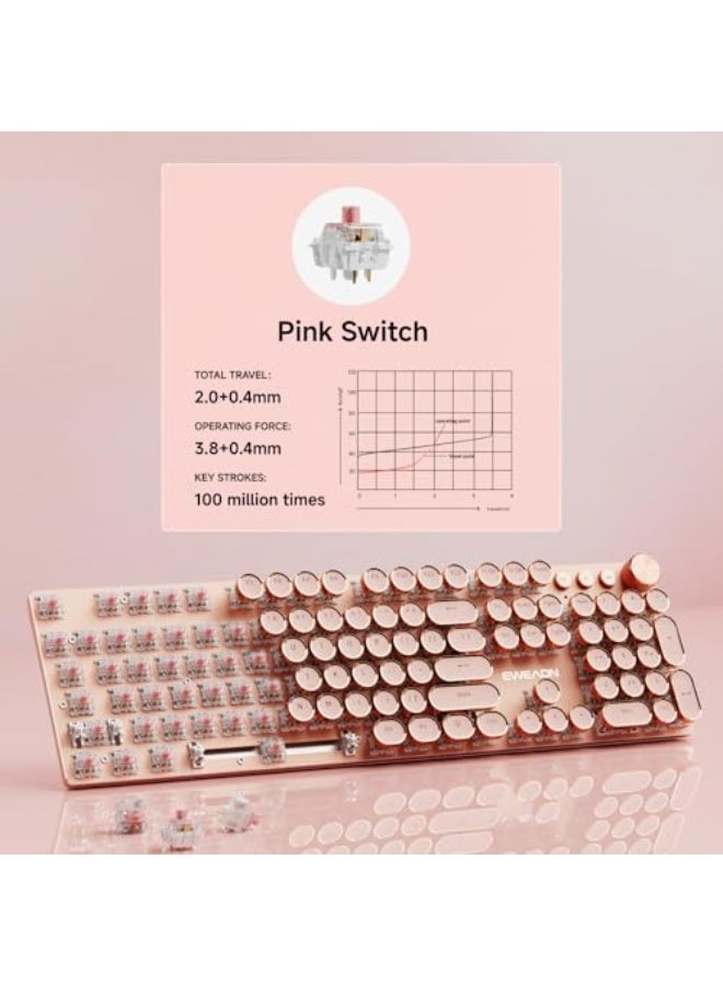 EWEADN V20 Typewriter Keyboard Wireless, 104 Keys Typewriter Style Mechanical with White Backlit, Media Knob, Pink Switch 2.4G/Bluetooth/USB-C Wired Retro Full Size Keyboard for Windows/Mac/PC-Pink - Image 4