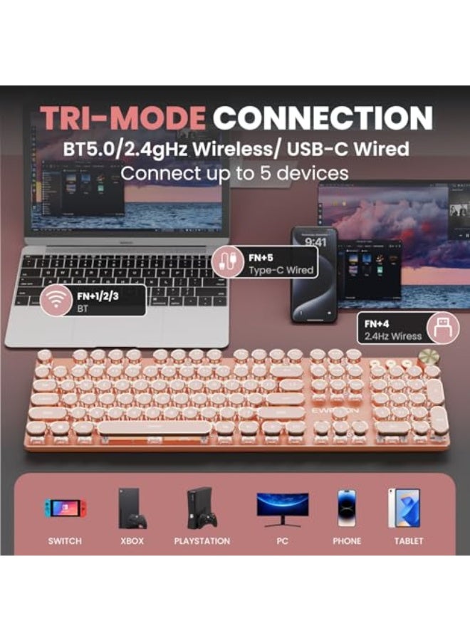 EWEADN V20 Typewriter Keyboard Wireless, 104 Keys Typewriter Style Mechanical with White Backlit, Media Knob, Pink Switch 2.4G/Bluetooth/USB-C Wired Retro Full Size Keyboard for Windows/Mac/PC-Pink - Image 3