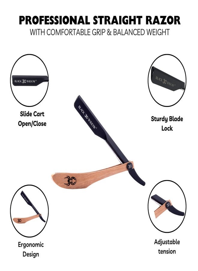 Black Widow Professional Barber Straight Razor Kit - Vintage‑Style Wooden Handle, Dual Exposure (1.5 mm & 2 mm), Includes 10 Double‑Edge Blades & Leather (PU) Carrying Case - Image 2