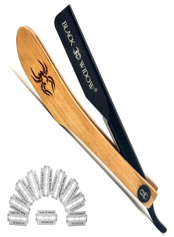 Black Widow Professional Barber Straight Razor Kit - Vintage‑Style Wooden Handle, Dual Exposure (1.5 mm & 2 mm), Includes 10 Double‑Edge Blades & Leather (PU) Carrying Case - Image 1