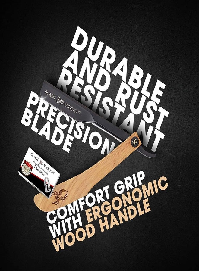 Black Widow Professional Barber Straight Razor Kit - Vintage‑Style Wooden Handle, Dual Exposure (1.5 mm & 2 mm), Includes 10 Double‑Edge Blades & Leather (PU) Carrying Case - Image 3