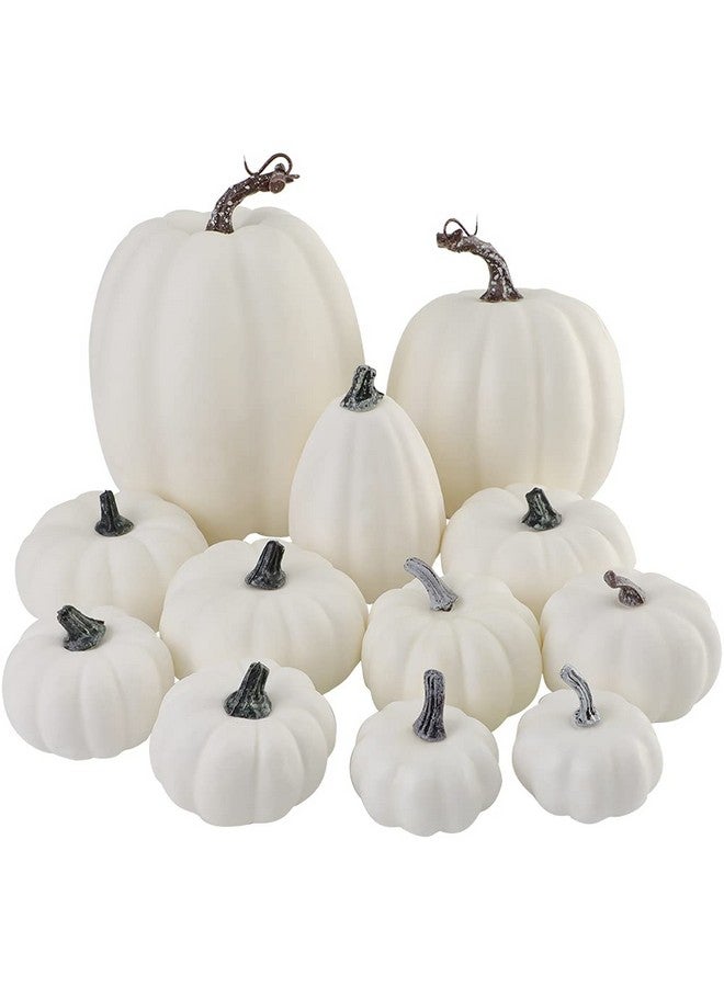 Artmag Package of 12 Pcs Assorted Sizes Artificial White Pumpkins Large Faux Harvest Pumpkins for Fall Thanksgiving Halloween Seasonal Holiday Decor Decoration - Image 1