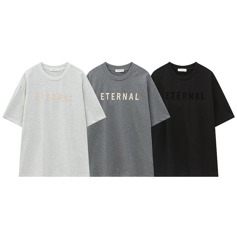 Eternal Flocking Letter Short Sleeve 2023 Double Yarn Cotton Plus Size Fog Tide Brand T-Shirt - Image 2