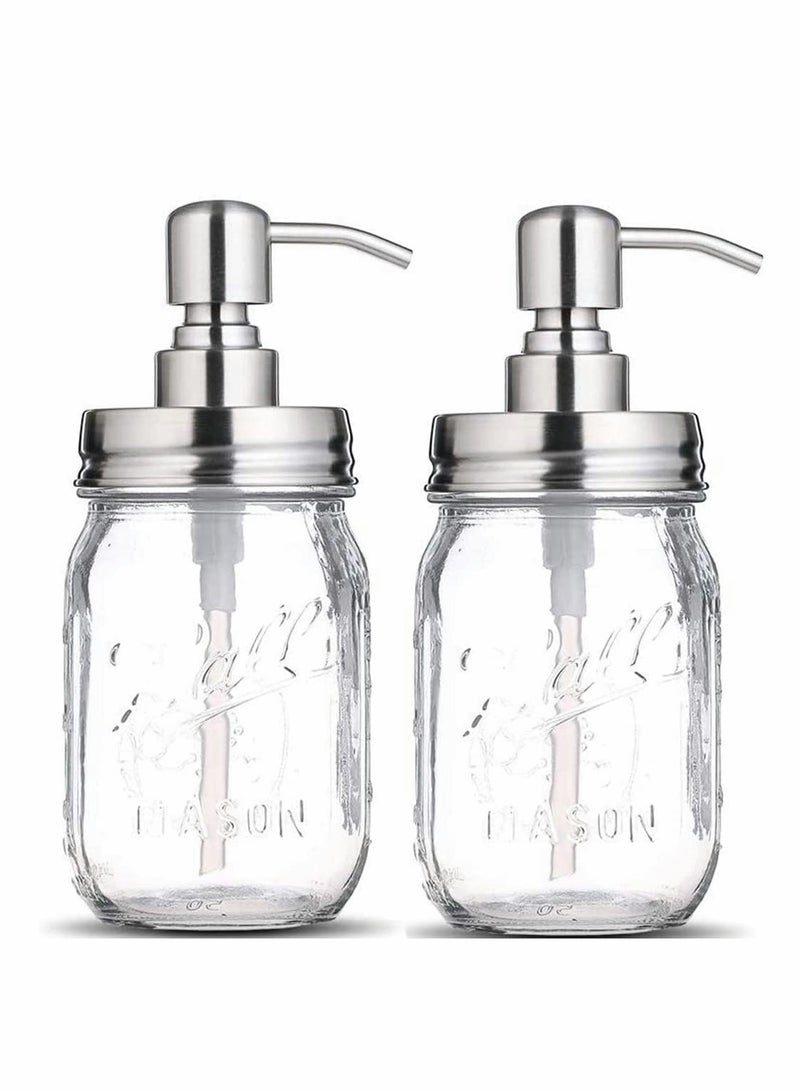 Barakah Clear Glass Jar Soap Dispenser with Stainless steel pump Classic Decor for Bathroom Kitchen Farmhouse Decor Great for Essential Oils, Lotions, Liquid Soaps (Stainless Steel) 2 pcs - Image 1