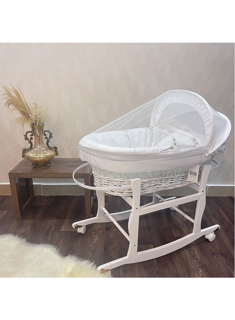 Moses basket cradle white color with white holder on wheels  - Image 2