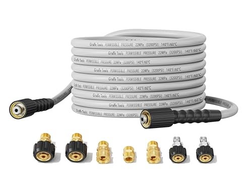 Giraffe Tools Pressure Washer Hose 50FT X 1/4", 3200 PSI Pressure Washing Hose, Kink Resistant, Heavy Duty Power Washer Hose, M22 to 3/8" Quick Connect Couplers for Replacement, 7 Accessories - Image 1