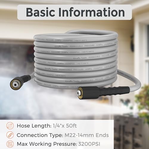 Giraffe Tools Pressure Washer Hose 50FT X 1/4", 3200 PSI Pressure Washing Hose, Kink Resistant, Heavy Duty Power Washer Hose, M22 to 3/8" Quick Connect Couplers for Replacement, 7 Accessories - Image 3