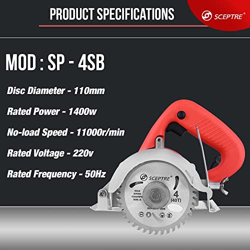 SCEPTRE SP-4SB 4 Inch Marble Cutter Machine | 110mm, 1400W, 11000 RPM | Heavy Duty Tile & Granite Cutting Tool with Powerful Motor | Multipurpose Electric Wood Cutter - Image 2