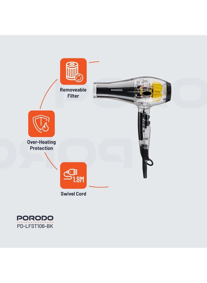 porodo Lifestyle Crystal Shell 2000W Hair Dryer with 3 Airflow Modes & 2 Speed Level / Removable Filter / Swivel Cord / Over-Heating Protection / Negative-Ion Technology / UK 3-Pin Power Plug / Temperature Control - Black - Image 2