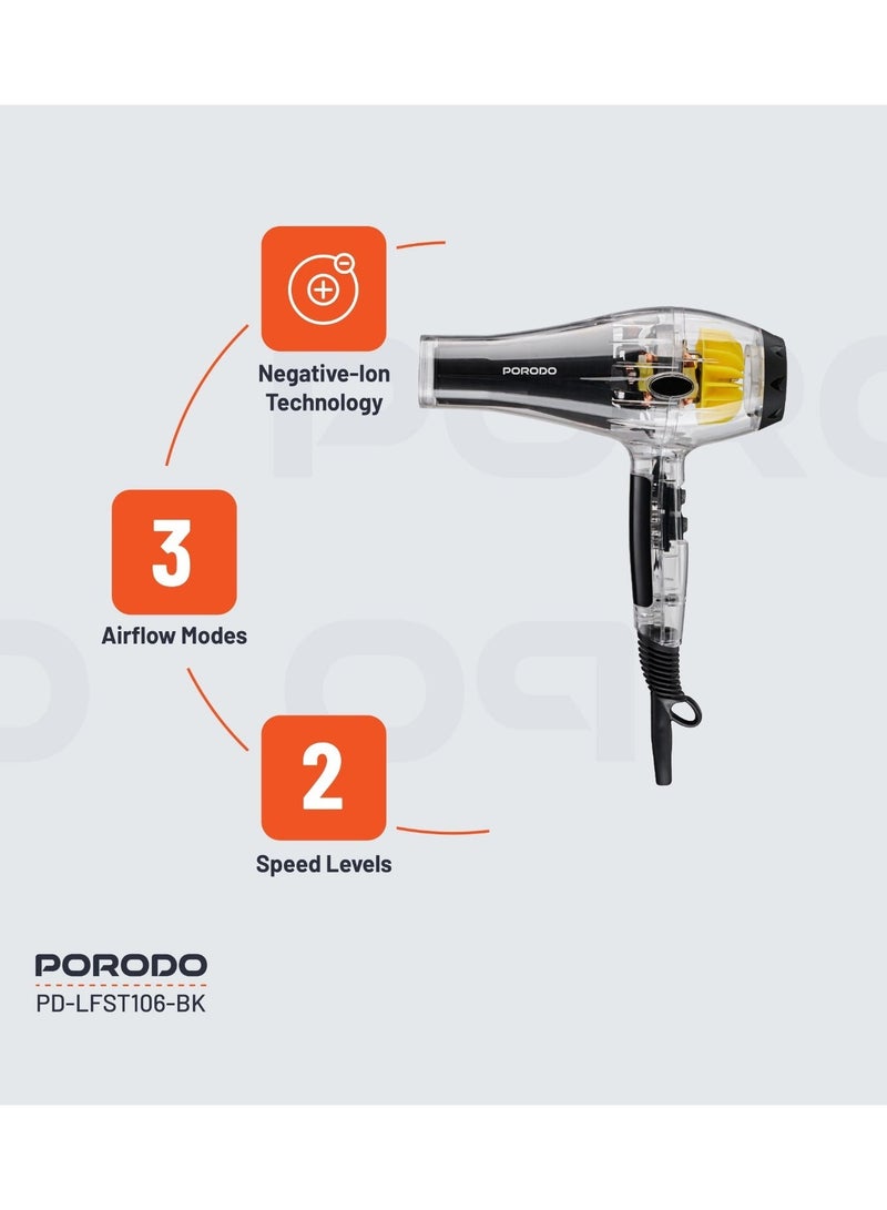 porodo Lifestyle Crystal Shell 2000W Hair Dryer with 3 Airflow Modes & 2 Speed Level / Removable Filter / Swivel Cord / Over-Heating Protection / Negative-Ion Technology / UK 3-Pin Power Plug / Temperature Control - Black - Image 3