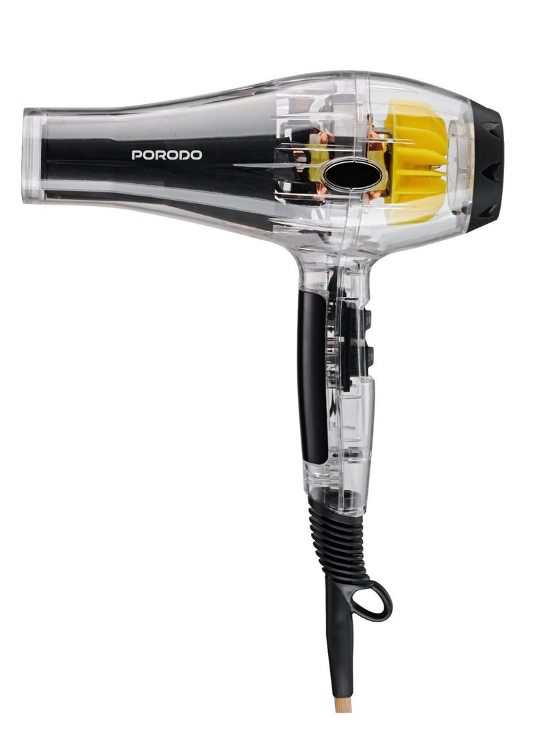 porodo Lifestyle Crystal Shell 2000W Hair Dryer with 3 Airflow Modes & 2 Speed Level / Removable Filter / Swivel Cord / Over-Heating Protection / Negative-Ion Technology / UK 3-Pin Power Plug / Temperature Control - Black - Image 1