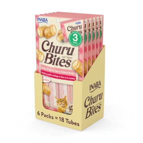 INABA Churu Bites for Cats, Soft/Chewy Baked Chicken Wrapped Churu Filled Cat Treats with Vitamin E, 0.35 Ounces per Tube, 18 Tubes Total (3 Tubes per Pack), Tuna with Salmon Recipe - Image 1
