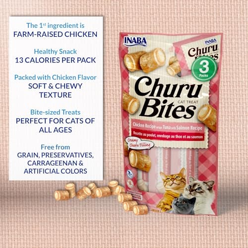 INABA Churu Bites for Cats, Soft/Chewy Baked Chicken Wrapped Churu Filled Cat Treats with Vitamin E, 0.35 Ounces per Tube, 18 Tubes Total (3 Tubes per Pack), Tuna with Salmon Recipe - Image 3