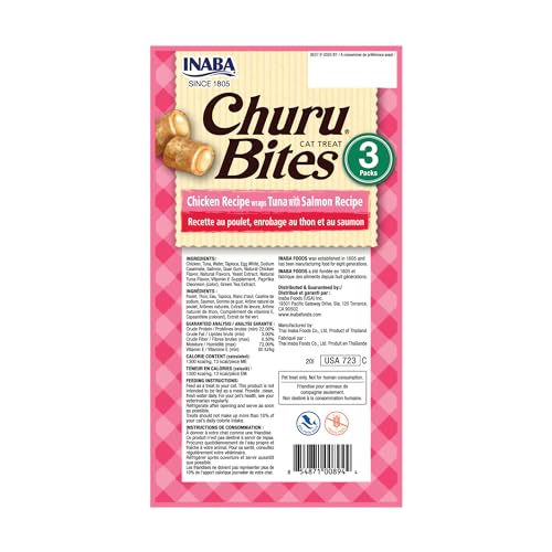 INABA Churu Bites for Cats, Soft/Chewy Baked Chicken Wrapped Churu Filled Cat Treats with Vitamin E, 0.35 Ounces per Tube, 18 Tubes Total (3 Tubes per Pack), Tuna with Salmon Recipe - Image 2