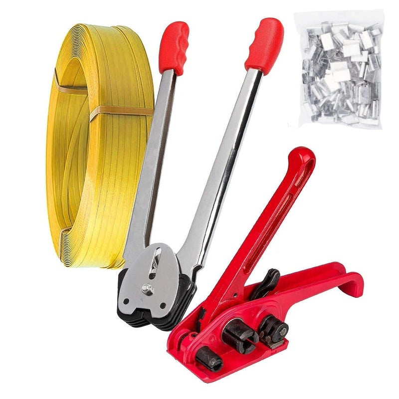 Palmarosa Pallet Packaging Strapping Banding Kit Heavy Duty Manual 4 in 1 PETPP Manual Strapping Tools Packing Machine Set Tensioner Sealer 100m Packing Belt 50 pcs Wide Coil Reel for Packing - Image 2