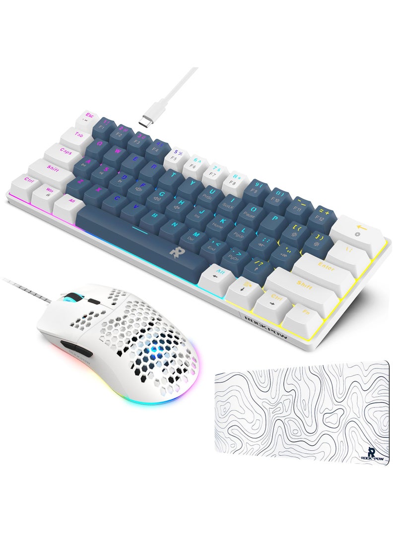 روك بو مجموعة ألعاب 3 في 1 لوحة مفاتيح ميكانيكية سلكية 60% بإضاءة RGB، فأرة ألعاب مريحة وخفيفة للغاية بدقة 8000 DPI، لوحة مفاتيح بإضاءة خلفية RGB وبعدد مفاتيح 61، وسادة فأرة للألعاب بمقاس 700x300 مم، حزمة مصغرة لأجهزة الكمبيوتر للاعبين، مفتاح أحمر - Image 1