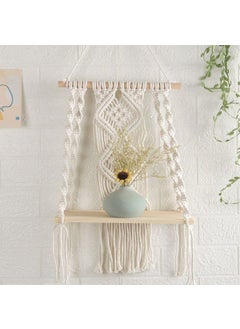 TMS tms Macramé Wall Hanging Shelf Pine Wood Floating Shelve with Wooden Dowel Modern Chic Woven Décor for Dorm Living Room Nursery Off-White (10X5X20 inch) (TMS-WS-134)  - Image 3