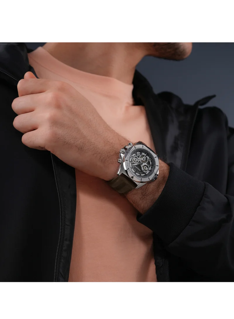 بوليس Electrical Khaki Green Dial Brown Leather Strap Gents Chronograph Watch With Stainless Steel Case