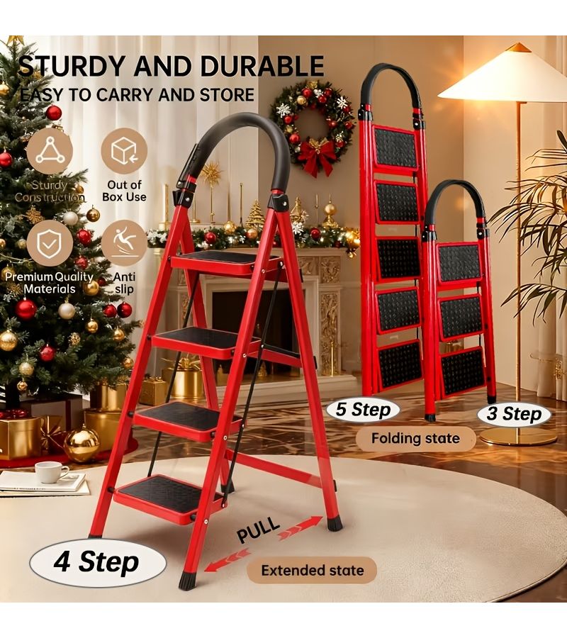 Professional Heavy Duty Folding Ladder Red With Non-Slip Steps And Reinforced Steel Frame For Household Commercial And DIY Use - Image 1
