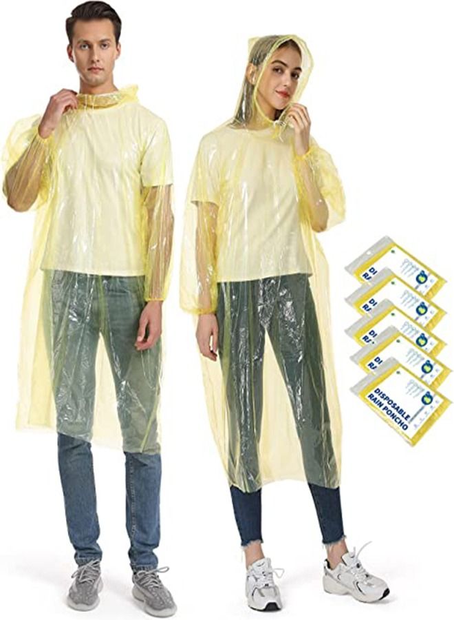 SYOSI Disposable Rain Ponchos for Adult, 5Pcs Clear Rain Coat Jacket with Drawstring Hood and Elastic Sleeve for Women Men, for Travel Outdoor Amusement Park Hiking Emergency Disposable Poncho (Yellow) - Image 1