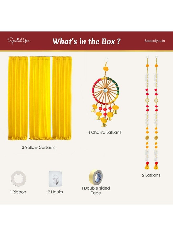 SpecialYou.in Special You Haldi Decoration Items for Marriage, Yellow Curtains Backdrop for Decoration Pooja Items with Chakra latkan for Mehendi Decoration Items Backdrop Cloth for Decor -13 Items - Image 2