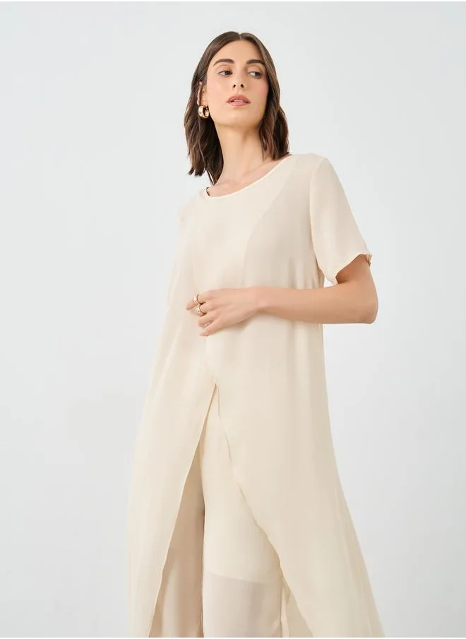 Take Two Take Two Women Beige Solid Asymmetric Hem Tunic and Pants Co-Ords