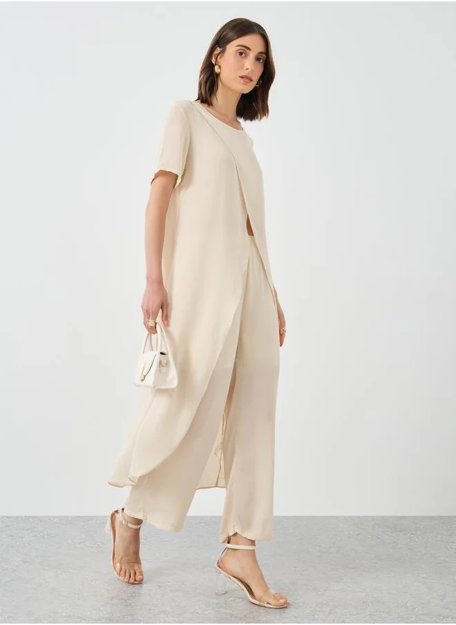 Take Two Take Two Women Beige Solid Asymmetric Hem Tunic and Pants Co-Ords