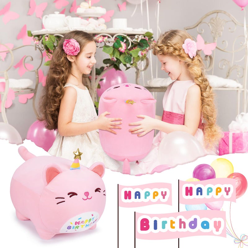 Auspicious beginning Pink Birthday Cat Plush Stuffed Animals-Gifts for Girlfriend, 16'' Pink Plush Pillow, Kawaii Plushies Kitten Body Pillow Cat Plushie, Kitten Plush Pillow Kids - Image 5