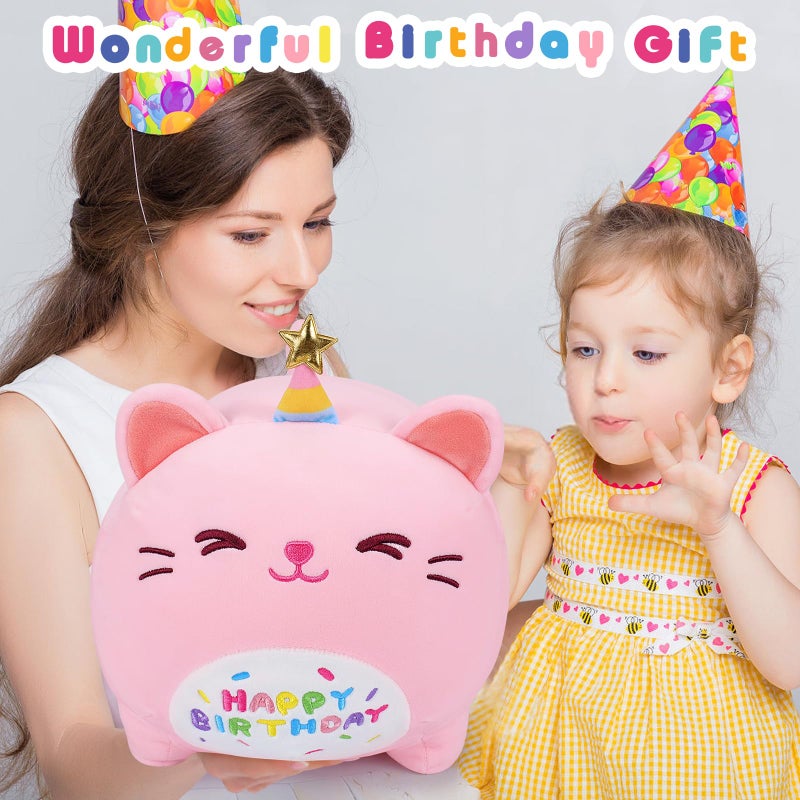 Auspicious beginning Pink Birthday Cat Plush Stuffed Animals-Gifts for Girlfriend, 16'' Pink Plush Pillow, Kawaii Plushies Kitten Body Pillow Cat Plushie, Kitten Plush Pillow Kids - Image 4