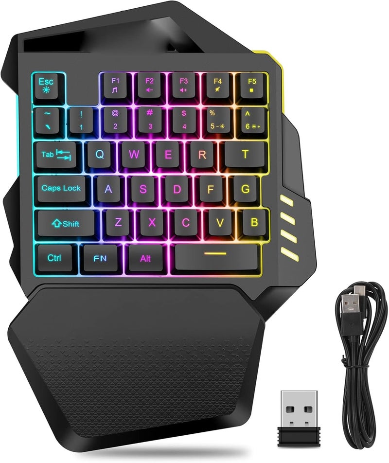 Brrnoo One Handed Gaming Keyboard, 35 Key Membrane Wireless RGB Keyboard with 2.4G Technology 8 Lighting Modes for PC Computer Gaming - Image 1
