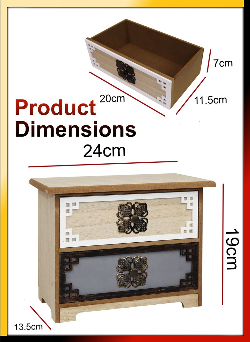 DBLEW Vintage Multiutility Countertop Small Wooden 2 Drawers Chest Decorated Mini Dressing Table Multifunctional Desktop Cosmetic Organiser Jewellery Compartment Box  - Image 2