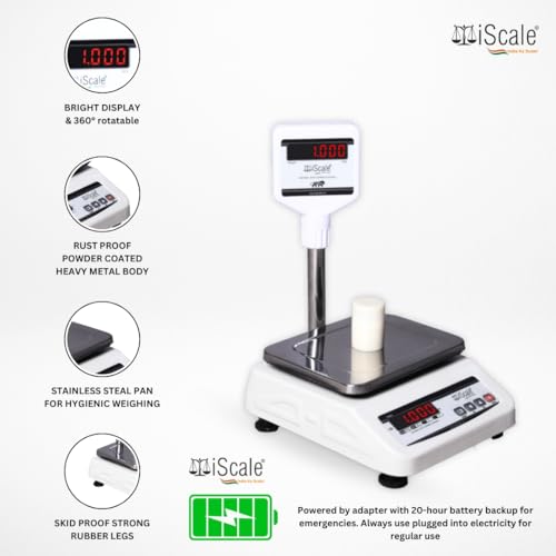 iScale i-03P Commercial Weighing Scale 30kg x 1g | Rechargeable with Front & Pole Double Display | Small Size 7x9 Inch Pan | Ideal for 5-10kg Weighing in Shops | With Calibration Certificate - Image 4