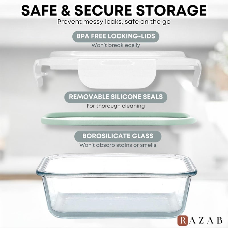 Razab 6 PC Square Glass Food Storage Containers with Airtight lids (74, 40 & 27oz) Kitchen Glass Meal Prep Containers Set for Freezer Reusable Leftover Lunch Boxes, Oven, Microwave, Dishwasher Safe - Image 3