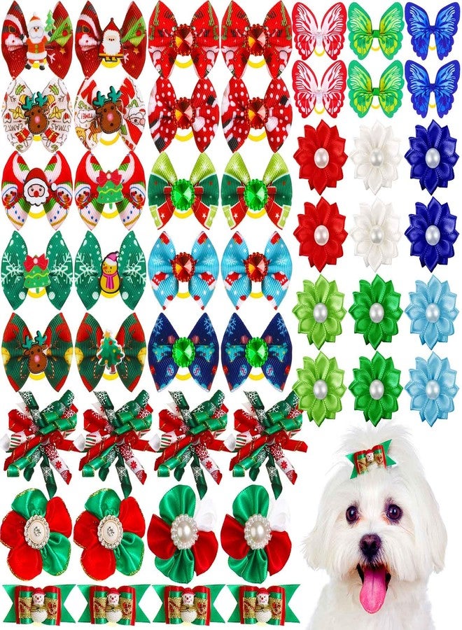 MTLEE 50 Pcs Christmas Dog Bows Christmas Puppy Hair Bows with Rubber Bands in Bulk Small Dog Grooming Bow Snowman Santa Snowflake Elk Rhinestone Butterfly Xmas Accessories - Image 1