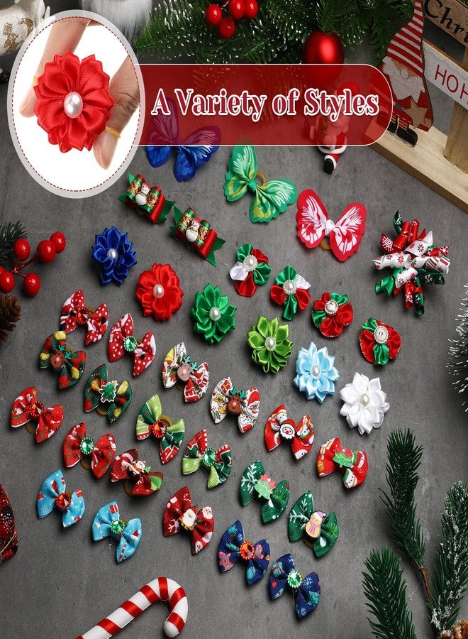 MTLEE 50 Pcs Christmas Dog Bows Christmas Puppy Hair Bows with Rubber Bands in Bulk Small Dog Grooming Bow Snowman Santa Snowflake Elk Rhinestone Butterfly Xmas Accessories - Image 2