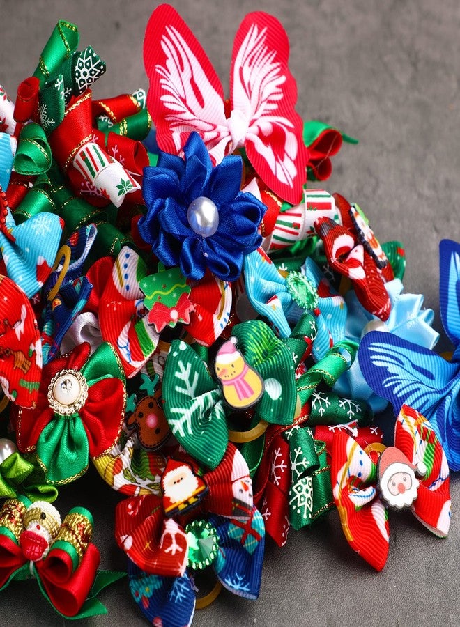 MTLEE 50 Pcs Christmas Dog Bows Christmas Puppy Hair Bows with Rubber Bands in Bulk Small Dog Grooming Bow Snowman Santa Snowflake Elk Rhinestone Butterfly Xmas Accessories - Image 4