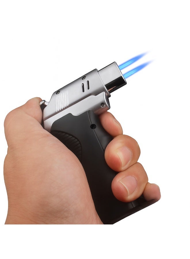 Adjustable Single/Dual Jet Flame Butane Gas Torch Lighter – Windproof Refillable Lighter with Flame Lock for Outdoor, Camping, BBQ, Kitchen