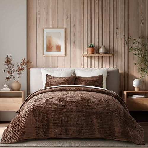 EverGrace Velvet Quilt Set King Size Luxurious Soft Striped Channel Bedding Set Lightweight Velvet Comforter for All Season Oversized Bedspread Coverlet with 2 Matching Shams Rust Brown - Image 1