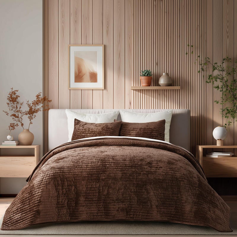EverGrace Velvet Quilt Set King Size Luxurious Soft Striped Channel Bedding Set Lightweight Velvet Comforter for All Season Oversized Bedspread Coverlet with 2 Matching Shams Rust Brown - Image 2