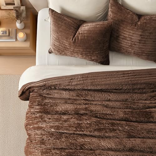 EverGrace Velvet Quilt Set King Size Luxurious Soft Striped Channel Bedding Set Lightweight Velvet Comforter for All Season Oversized Bedspread Coverlet with 2 Matching Shams Rust Brown - Image 3