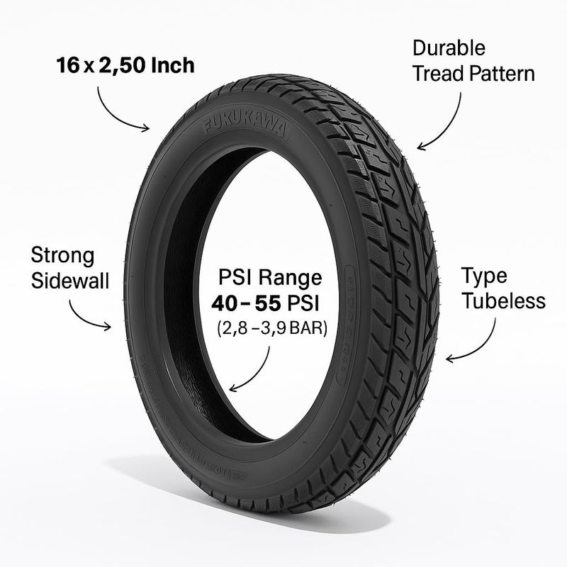 Fukukawa إطار دراجة كهربائية FUKUKAWA مقاس 16×2.50 – إطار بديل بدون أنبوب (Tubeless) للدراجات الكهربائية والسكوترات، يتميز بنقشة مداس عميقة 1 سم، جدار جانبي قوي، يعمل بضغط 40–55 PSI (2.8–3.8 بار)، ويوفر تماسكًا عاليًا وأداءً موثوقًا - Image 3